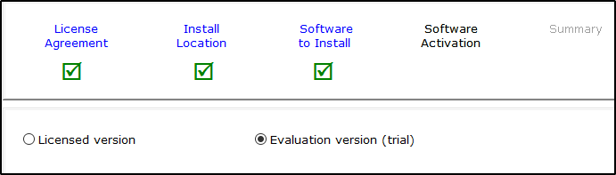 Software Activation Tab, select Evaluation version